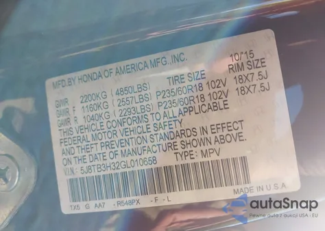 2016 Acura Rdx Acurawatch Plus Pkg z USA, uszkodzony, nr VIN 5J8TB3H32GL010658